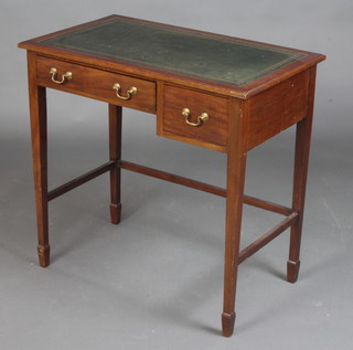 An Edwardian mahogany writing table with inset tooled leather writing surface fitted 2 drawers with brass swan neck drop handles, raised on square tapered supports, spade feet 73cm h x 76cm w x 45cm d 