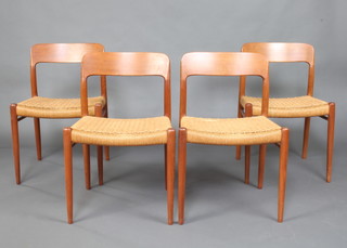 Niels Moller for J L Moller, Danish, model number 75, a set of 4 mid 20th Century teak bar back dining chairs with woven papercord seats, raised on turned supports, the base of each seat with J L Moller label 