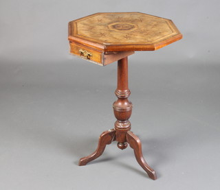 A Victorian octagonal inlaid and crossbanded walnut wine table, fitted 2 drawers, raised on a turned column and tripod base 70cm h x 49cm w x 49cm d 