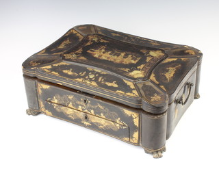 A Regency black lacquered chinoiserie style box with hinged lid, the interior fitted a tray with dividing panels, the base fitted a drawer with writing slope, raised on hoof supports 15cm h x 40cm w x 30cm d 