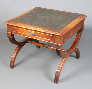 A Georgian style square lamp table with inset writing surface, fitted a drawer, raised on X framed supports with turned stretcher 50cm h x 61cm w x 61cm d 