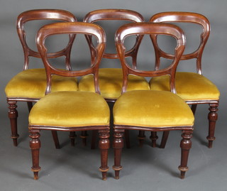 A set of 5 Victorian mahogany balloon back dining chairs with shaped mid rails and over stuffed seats, raised on turned supports