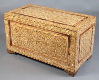 A Moorish style inlaid hardwood coffer with hinged lid 44cm h x 79cm w x 41cm d 