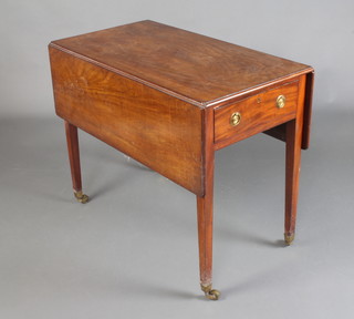 A 19th Century mahogany Pembroke table fitted 2 drawers, raised on square tapered supports with brass caps and castors 72cm h x 89cm x 49cm 