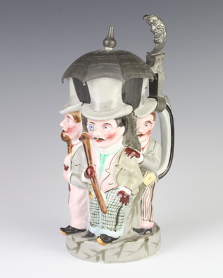 A Hungarian porcelain stein decorated with 4 gentleman having a pewter lid in the form of an umbrella 24cm 