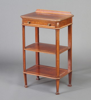 An Edwardian inlaid mahogany 3 tier etagere with raised back, fitted a frieze drawer and raised on square tapered supports 74cm h x 43cm w x 30cm d 