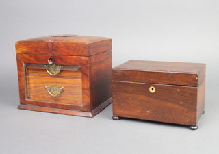 A 19th Century rectangular rosewood twin compartment tea caddy with hinged lid and mother of pearl escutcheon, raised on bun feet (1 of the handles to the twin section is replaced) 11cm x 19cm x 11cm together with a Victorian mahogany jewellery box with hinged lid revealing a fitted interior, the base fitted 2 drawers enclosed by bevelled plate panel 16cm h x 21cm w x 14cm d (escutcheon is missing) 