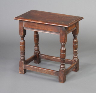 A Victorian rectangular oak joined stool, raised on turned and block supports 44cm h x 46cm w x 26cm d 