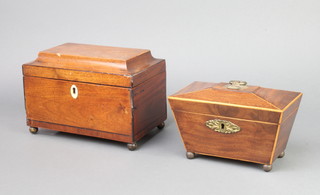 A 19th Century mahogany twin compartment tea caddy of sarcophagus form raised on brass fun feet 12cm x 20cm x 11cm,slight bruise to the top) and 1 other 19th Century twin compartment tea caddy with hinged lid and bun feet 17cm h x 23cm w  15cm d (bruise to the top)  