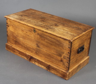 A Victorian pine trunk with hinged lid and iron drop handles, the interior fitted a candle box 46cm h x 95cm w x 45cm d 