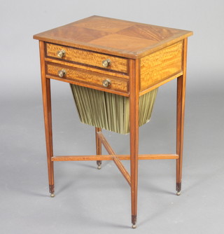 A 19th Century quarter veneered satinwood and inlaid work table fitted a drawer above a deep basket, raised on square tapered supports with X framed stretcher 75cm h x 51cm w x 40cm d 