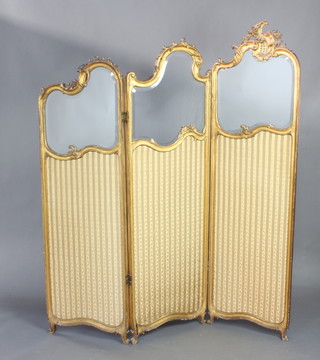 An Edwardian gilt wood and plaster 3 fold draft screen, having bevelled plate panels to the top half 173cm h x 49cm when closed x 147cm when open 