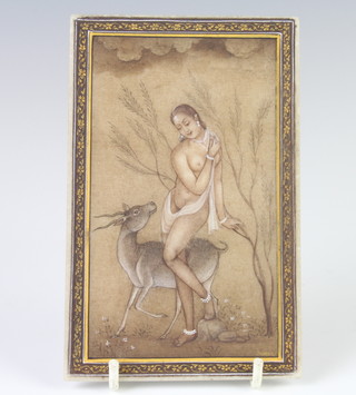 A late 19th Century Indian painted marble plaque decorated with a semi-clad lady and a deer, indistinctly signed 15cm x 10cm 