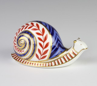 A Royal Crown Derby Imari pattern paperweight in the form of a snail with silver stopper 13cm 