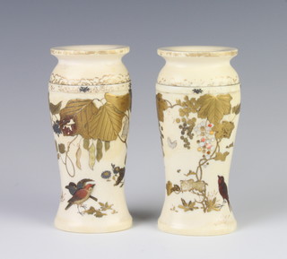 A pair of Meiji period ivory oval vases with shibayama decoration of birds and insects amongst flowers and branches 13cm 