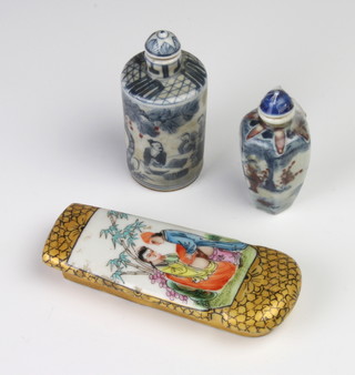 An antique style Chinese porcelain scent bottle decorated with figures 6cm, a cylindrical ditto and 1 other 
