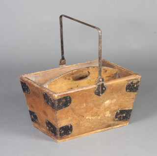 A "The Gordon" pine and metal bound housemaids box of waisted form, tray to the top and swing handle 20cm h x 41cm w x 27cm d 