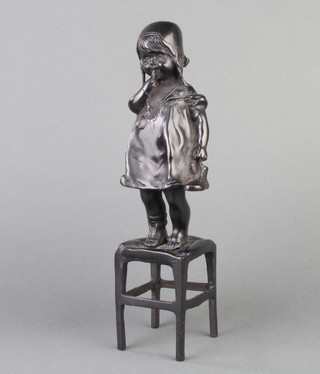 An Art Nouveau style Continental bronze figure of a standing bonneted girl on stool 30cm x 8cm x 7cm  