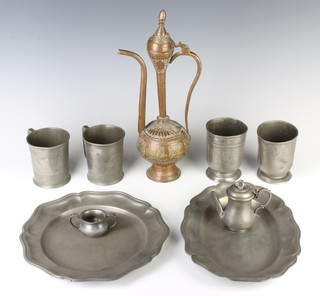 An engraved Turkish coffee pot 33cm, a pewter plate with bracketed border, the reverse with touch marks 24cm, an oval pewter dish the reverse with touch marks and bracket border 27cm, 2 pewter beakers monogrammed 10cm (some dents), a pair of pewter half pint measures the bases marked Hampton, a miniature coffee pot and sugar bowl 