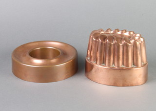 A 19th Century unmarked oval copper jelly mould 12cm h x 15.5cm w x 12cm d and an unmarked copper ring mould 5cm x 16cm diam. 