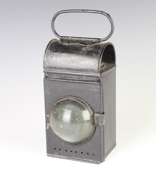 A 19th Century bullseye lantern contained in a black painted metal case 19cm x 10cm x 8cm 