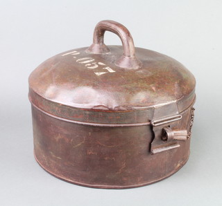 A circular pressed metal hat box 18cm x 40cm diam. the top marked P-057 (some dents)