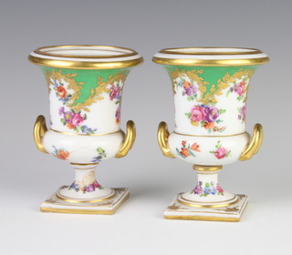 A pair of Dresden style 2 handled vases decorated with spring flowers 12cm 