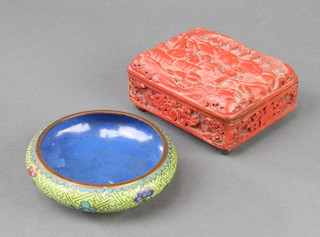 A Cinnabar lacquered and enamelled box with hinged lid decorated figures, raised on bun feet 3cm h x 10cm x 7cm (interior damaged) together with a circular blue and green cloisonne enamelled bowl 10cm 