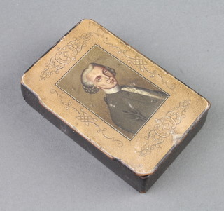An 18th/19th Century rectangular lacquered snuff box, the hinged lid decorated a portrait of a gentleman 2cm x 9cm x 5.5cm 