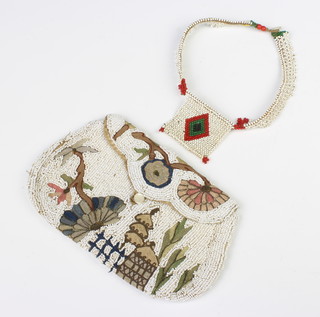 A 1920's bead work purse 11cm x 18cm (some loss of beads to the reverse) together with a beadwork necklet with square panel 