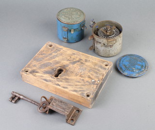 A 19th Century wooden and metal lock complete with key 14cm x 20cm together with 2 Horstmann timer switches 
