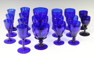 Three Bristol blue large goblets, 6 medium goblets, 2 small wine glasses, 4 tapered wines and 3 small wines 
