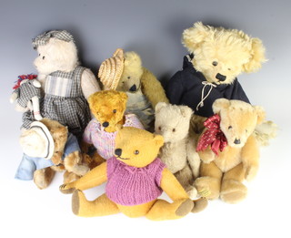 A Merrythought yellow mohair teddy bear with articulated limbs 24cm, a Naomi Light yellow bear with articulated limbs 25cm, a Norbeary yellow bear 22cm, a Ganz Cottage collection  bear and doll 32cm, a Woody yellow bear 24cm and 3 other bears 
