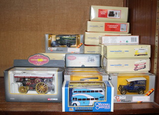 A Corgi Vintage Glory model traction engine, ditto road roller, 8 Corgi model trams, 6 Corgi classic road transport sets with unpainted figures and 8 other Corgi models 