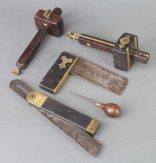 Two 19th Century brass and mahogany mortice gauges, 2 mahogany and brass squares and a bodkin 