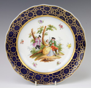 A Meissen plate decorated with a fete gallant view 24cm, a Sevres ditto decorated with a portrait of a lady 24cm 