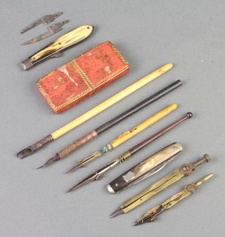 A 19th Century quill knife with 2 detachable blades with horn grip (1 blade damaged to the point), contained in a leather box together with a twin bladed folding pocket knife, 2 dip pens and 2 pairs of compasses 