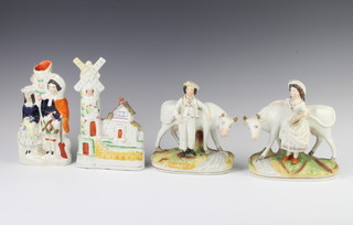 A Staffordshire group of a windmill 21cm and 3 other Staffordshire figure groups 