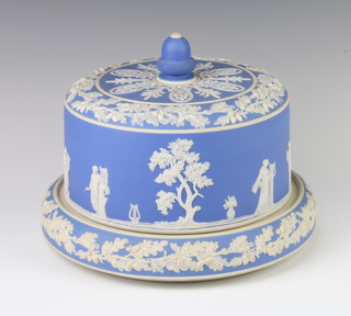 A Wedgwood style blue jasperware cheese dome and cover decorated with a band of classical figures 22cm 