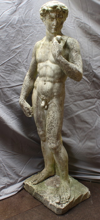 After Michelangelo's David, a life size reconstituted stone figure 170cm h x 57cm w x 38cm d  