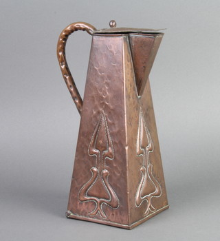 An Art Nouveau square embossed and waisted copper jug with hinged lid 20cm h x 11cm 