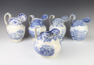 A Victorian blue and white transfer print jug with landscape views 23cm and 4 others