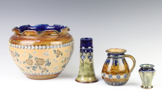 A Doulton and Slater jardiniere decorated with flowers 20cm, a Doulton Lambeth jug, ditto tapered vase and a baluster ditto 