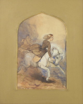 H Warren, watercolour signed, study of figures on horseback in an arched mount 14cm x 9cm 