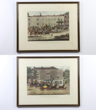 J Pollard, coloured coaching prints a pair, "The Birmingham Tally Ho Coaches" and "North Country Mails at The Peacock Islington" 35cm x 44cm  