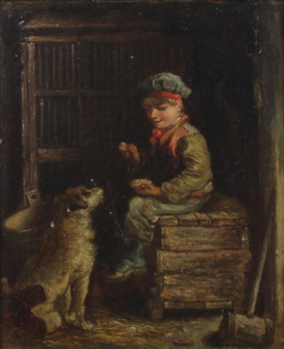 A Victorian oil on canvas, unsigned, study of a boy feeding a terrier 29cm x 23cm 