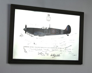 A mirrored print "Super Range Spitfire VB, Rolls Royce Merlin 45/46 of No.92 Squadron Royal Air Force 1941" with facsimile signatures 29cm x 44cm   