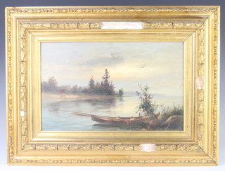 A 19th Century oil on board, lake side view with boat 19cm x 31cm 