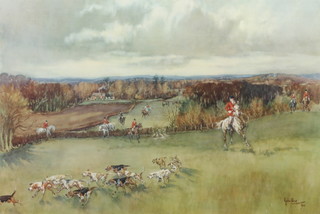 John King, limited edition print no53/251, signed in pencil "The Chiddingfold Leconfield and Cowdray Fox Hounds Away From Alderbed Copse" 34cm x 50" 
