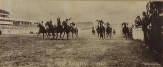 Photograph "Derby 1913", J Woodland Fullwood, sports photographer Norwood, London - a photograph of the horses nearing the finishing line. This is the famous race where the race favourite crossed the line first but was later disqualified and the suffragette Emily Davison ran onto the course, 21cm x 51cm 